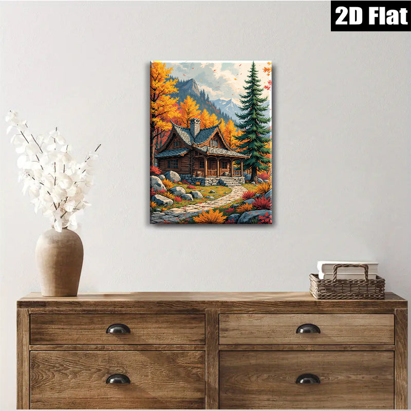 2D flat 1pc Cozy Autumn Cabin Landscape Wall Art for Living Room Bedroom Home Decor Farmhouse Style Rustic Canvas Prints Modern Gallery Wrapped Artwork