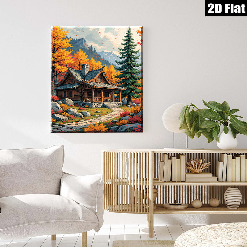 2D flat 1pc Cozy Autumn Cabin Landscape Wall Art for Living Room Bedroom Home Decor Farmhouse Style Rustic Canvas Prints Modern Gallery Wrapped Artwork