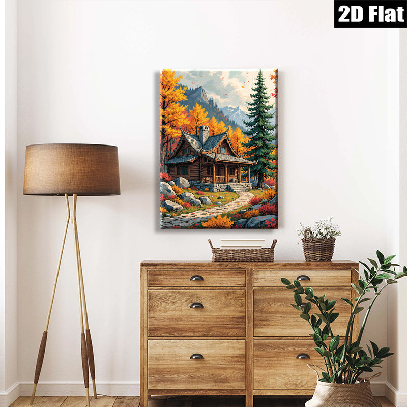 2D flat 1pc Cozy Autumn Cabin Landscape Wall Art for Living Room Bedroom Home Decor Farmhouse Style Rustic Canvas Prints Modern Gallery Wrapped Artwork