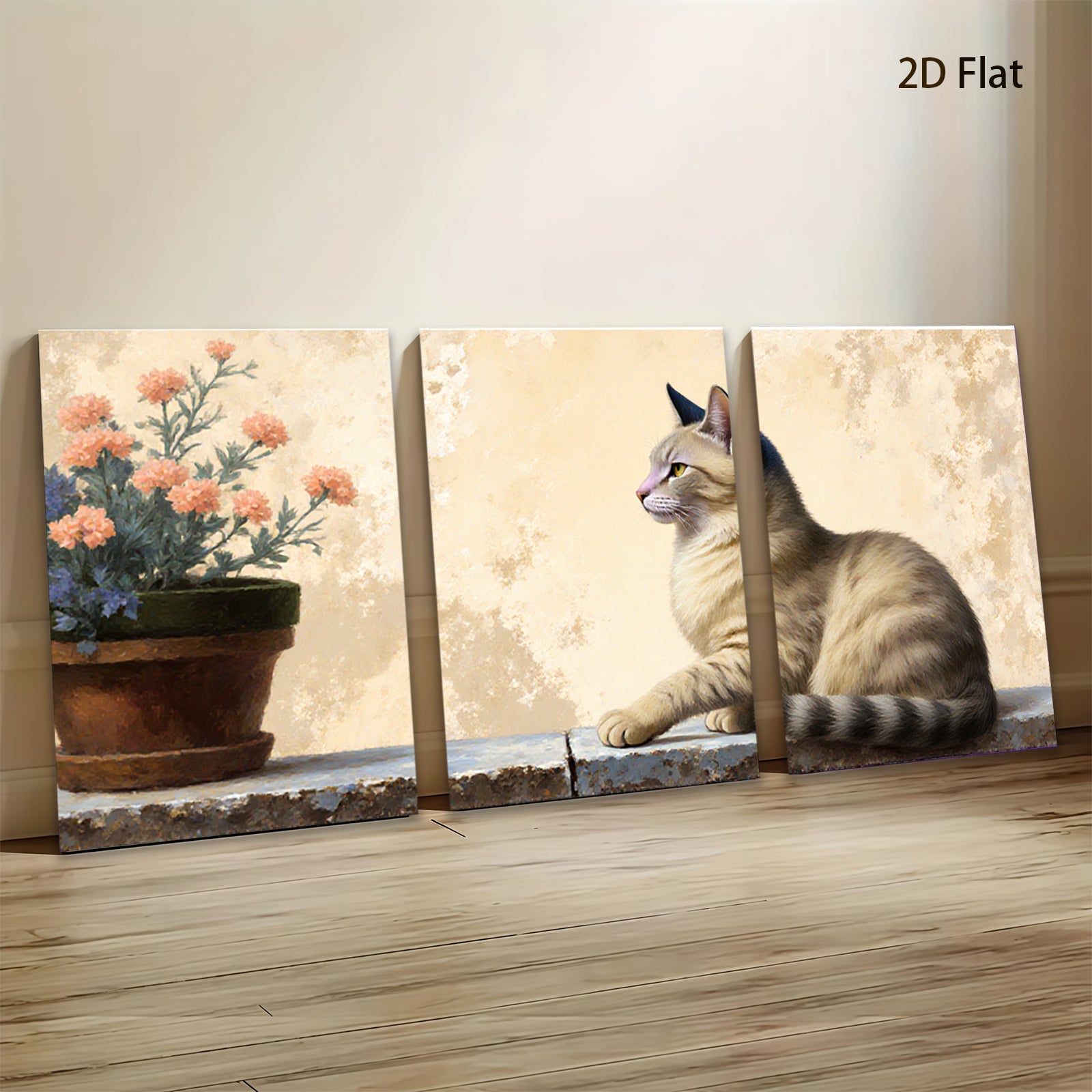2D flat 1pc Cozy Feline with Floral Still Life Farmhouse Wall Art Decor Living Room Bedroom Gallery Wrapped Canvas Prints Modern Rustic Home Decor