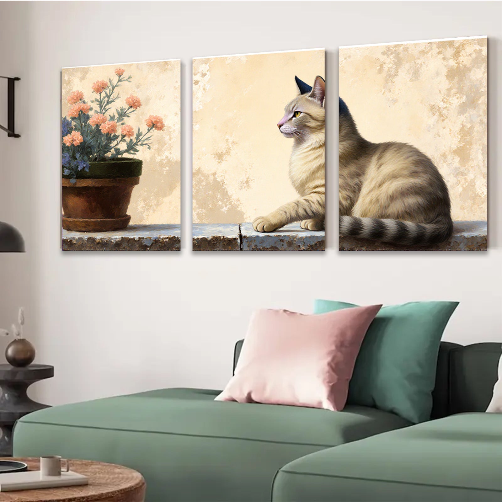 2D flat 1pc Cozy Feline with Floral Still Life Farmhouse Wall Art Decor Living Room Bedroom Gallery Wrapped Canvas Prints Modern Rustic Home Decor