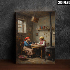 2D flat 1pc Cozy Kitchen Scene Two Women Chatting With Cat Farmhouse Wall Art Rustic Home Decor Living Room Bedroom Canvas Prints Modern Gallery Wrapped Art