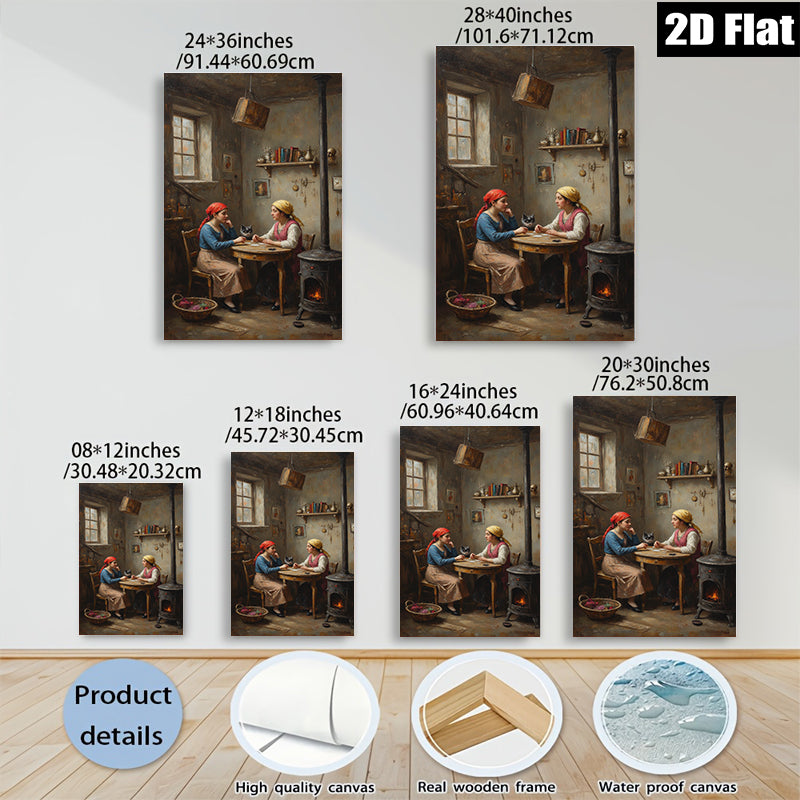 2D flat 1pc Cozy Kitchen Scene Two Women Chatting With Cat Farmhouse Wall Art Rustic Home Decor Living Room Bedroom Canvas Prints Modern Gallery Wrapped Art
