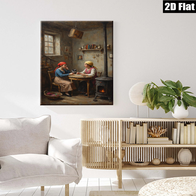 2D flat 1pc Cozy Kitchen Scene Two Women Chatting With Cat Farmhouse Wall Art Rustic Home Decor Living Room Bedroom Canvas Prints Modern Gallery Wrapped Art