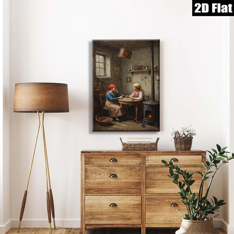 2D flat 1pc Cozy Kitchen Scene Two Women Chatting With Cat Farmhouse Wall Art Rustic Home Decor Living Room Bedroom Canvas Prints Modern Gallery Wrapped Art