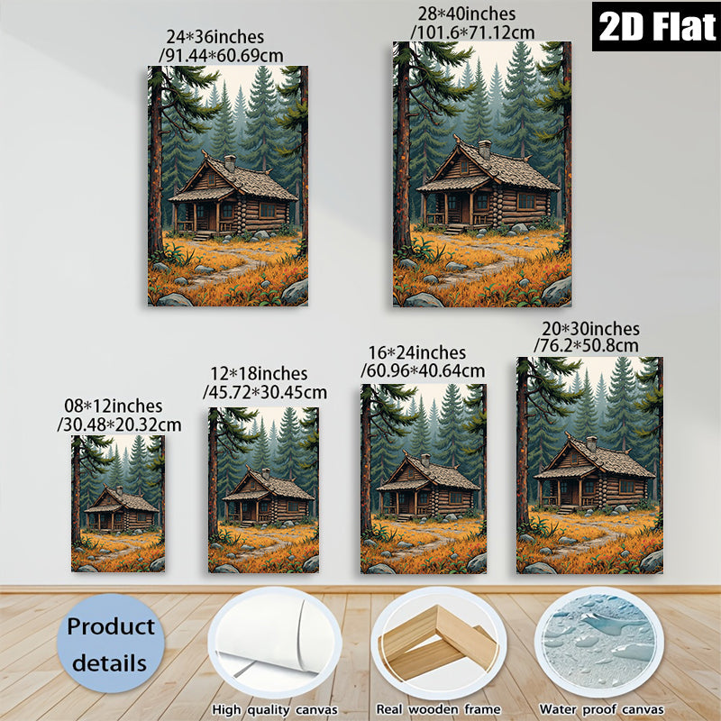 2D flat 1pc Cozy Log Cabin Landscape Wall Art for Living Room Bedroom Home Decor Farmhouse Style Rustic Canvas Prints Ready to Hang Modern Artwork