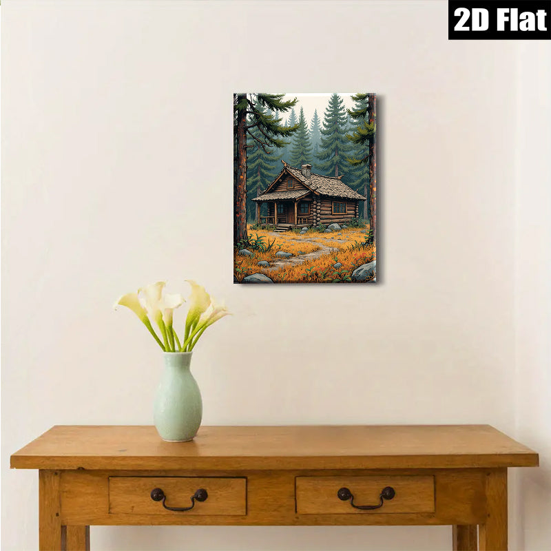 2D flat 1pc Cozy Log Cabin Landscape Wall Art for Living Room Bedroom Home Decor Farmhouse Style Rustic Canvas Prints Ready to Hang Modern Artwork