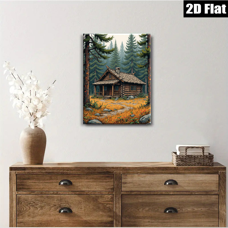 2D flat 1pc Cozy Log Cabin Landscape Wall Art for Living Room Bedroom Home Decor Farmhouse Style Rustic Canvas Prints Ready to Hang Modern Artwork