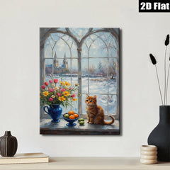 2D flat 1pc Cozy Winter Window Scene with Kitten Flowers Fruit Farmhouse Wall Art Decor Living Room Bedroom Modern Gallery Wrapped Canvas Print