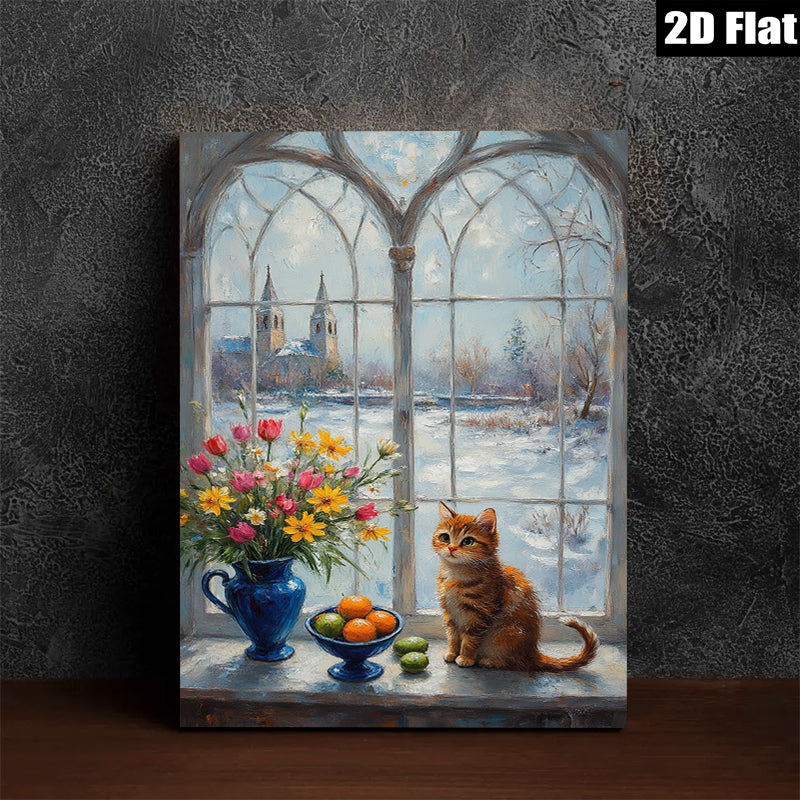 2D flat 1pc Cozy Winter Window Scene with Kitten Flowers Fruit Farmhouse Wall Art Decor Living Room Bedroom Modern Gallery Wrapped Canvas Print