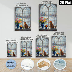 2D flat 1pc Cozy Winter Window Scene with Kitten Flowers Fruit Farmhouse Wall Art Decor Living Room Bedroom Modern Gallery Wrapped Canvas Print