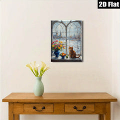 2D flat 1pc Cozy Winter Window Scene with Kitten Flowers Fruit Farmhouse Wall Art Decor Living Room Bedroom Modern Gallery Wrapped Canvas Print