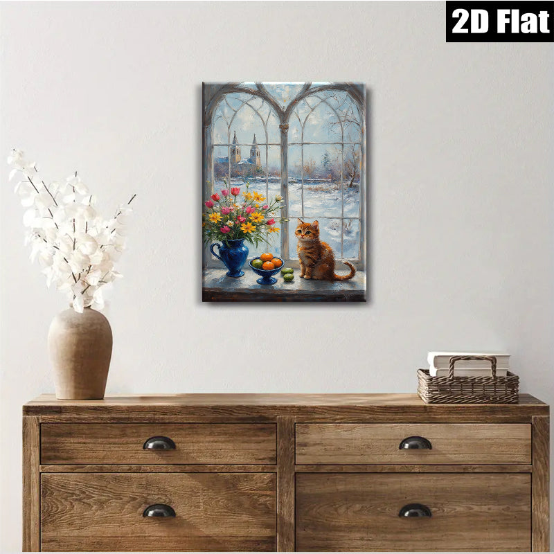 2D flat 1pc Cozy Winter Window Scene with Kitten Flowers Fruit Farmhouse Wall Art Decor Living Room Bedroom Modern Gallery Wrapped Canvas Print