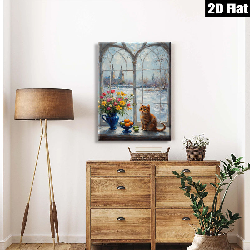 2D flat 1pc Cozy Winter Window Scene with Kitten Flowers Fruit Farmhouse Wall Art Decor Living Room Bedroom Modern Gallery Wrapped Canvas Print