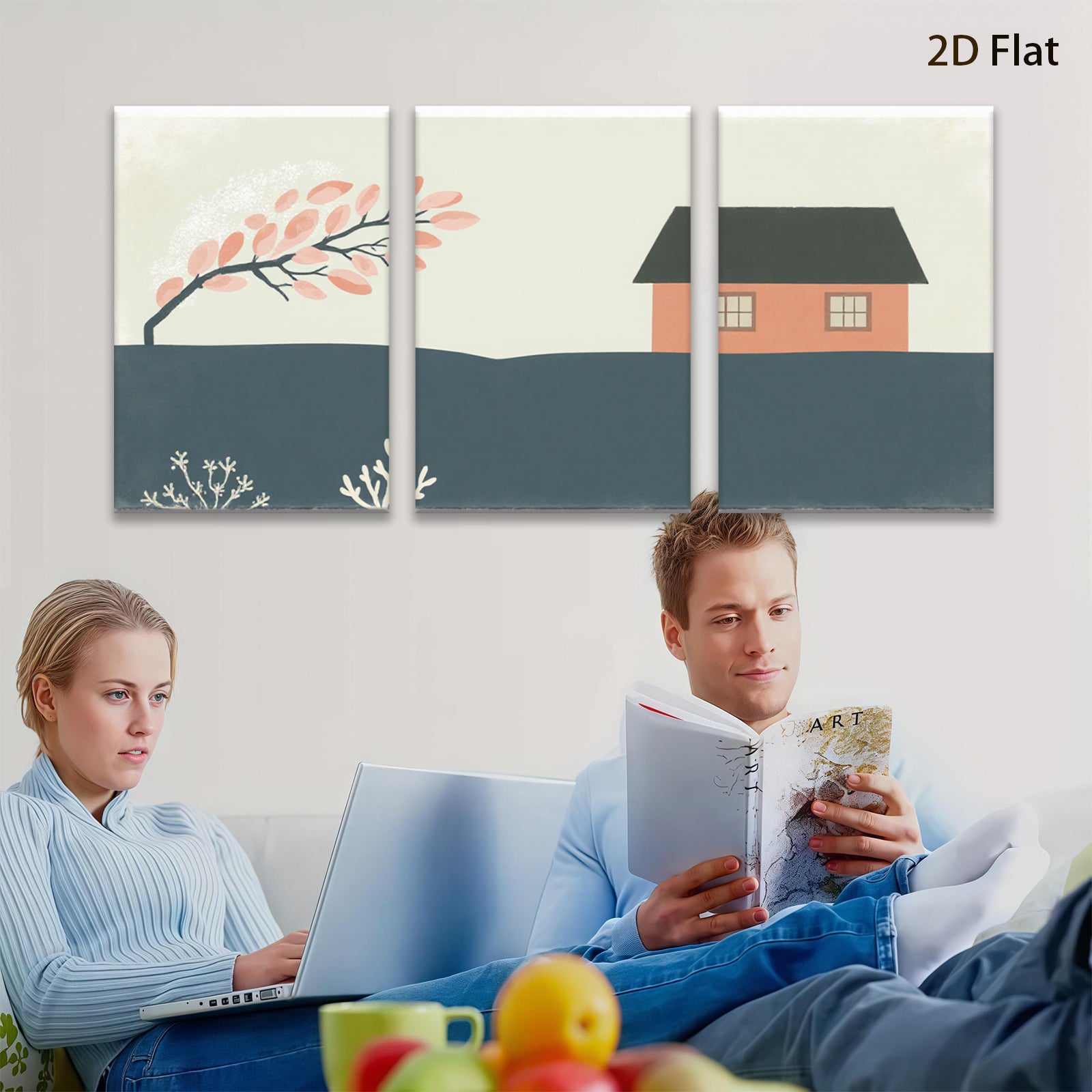 2D flat 1pc Cozy farmhouse scene with vibrant autumn trees perfect for living room bedroom gallery wall decor modern minimalist aesthetic