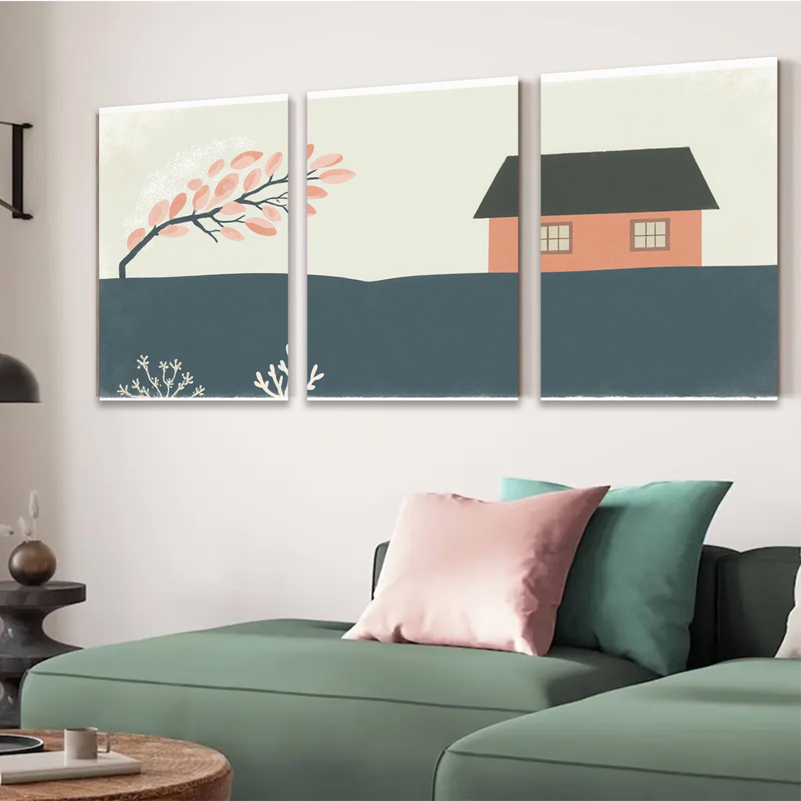 2D flat 1pc Cozy farmhouse scene with vibrant autumn trees perfect for living room bedroom gallery wall decor modern minimalist aesthetic