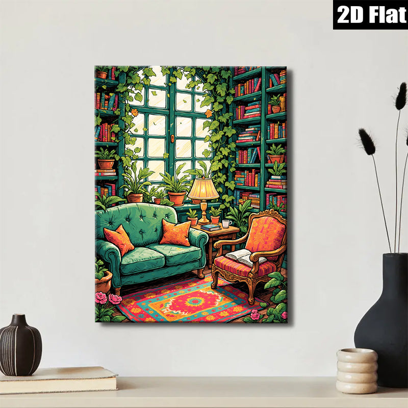 2D flat 1pc Cozy library reading nook botanical wall art farmhouse living room decor gallery wrapped canvas prints for bedroom modern minimalist style