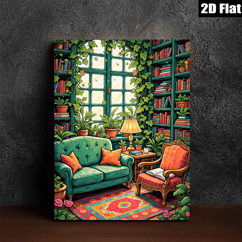 2D flat 1pc Cozy library reading nook botanical wall art farmhouse living room decor gallery wrapped canvas prints for bedroom modern minimalist style