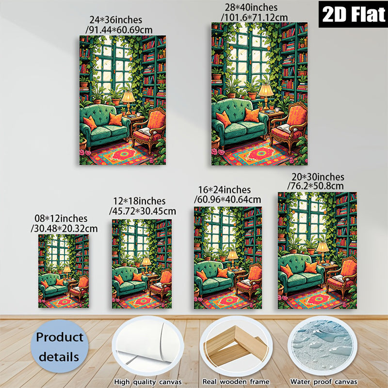 2D flat 1pc Cozy library reading nook botanical wall art farmhouse living room decor gallery wrapped canvas prints for bedroom modern minimalist style