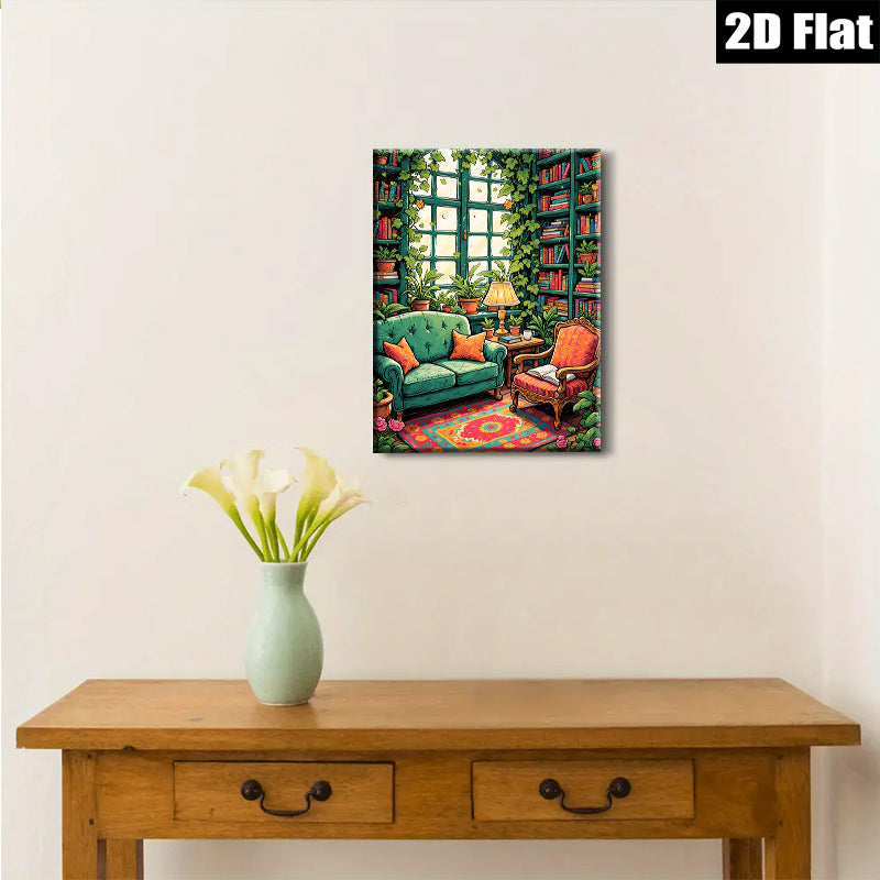 2D flat 1pc Cozy library reading nook botanical wall art farmhouse living room decor gallery wrapped canvas prints for bedroom modern minimalist style
