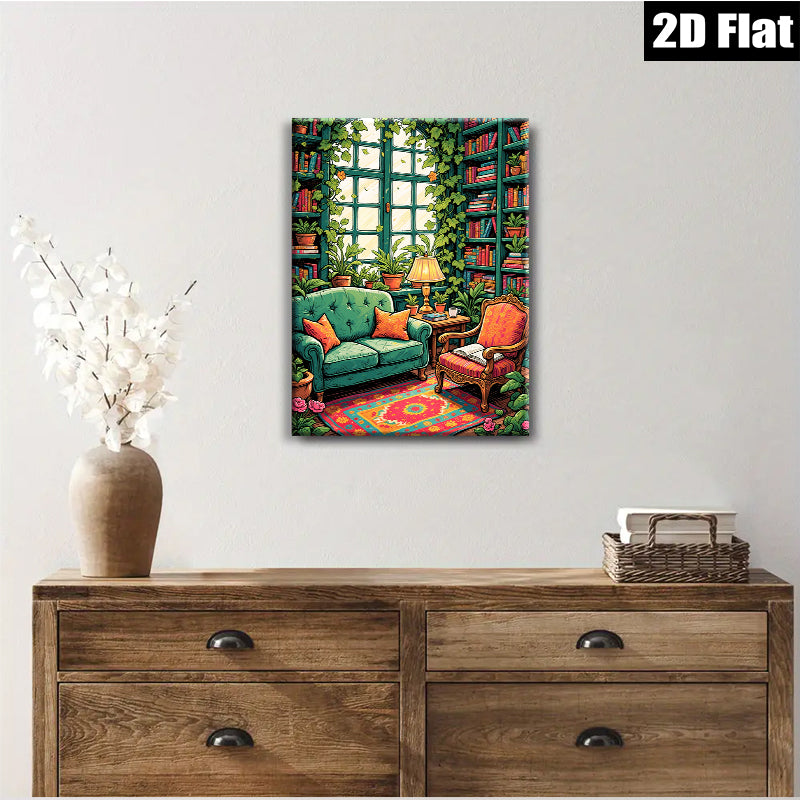 2D flat 1pc Cozy library reading nook botanical wall art farmhouse living room decor gallery wrapped canvas prints for bedroom modern minimalist style