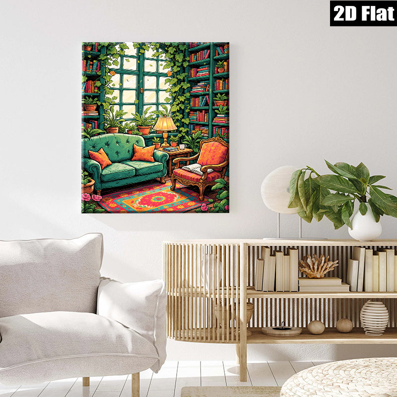 2D flat 1pc Cozy library reading nook botanical wall art farmhouse living room decor gallery wrapped canvas prints for bedroom modern minimalist style