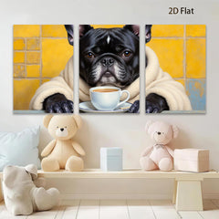 2D flat 1pc Cozy pup enjoys morning coffee farmhouse wall art living room bedroom decor gallery wrapped canvas prints modern minimalist aesthetic