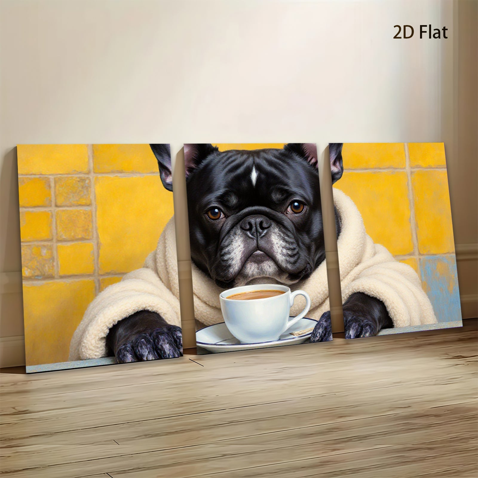 2D flat 1pc Cozy pup enjoys morning coffee farmhouse wall art living room bedroom decor gallery wrapped canvas prints modern minimalist aesthetic