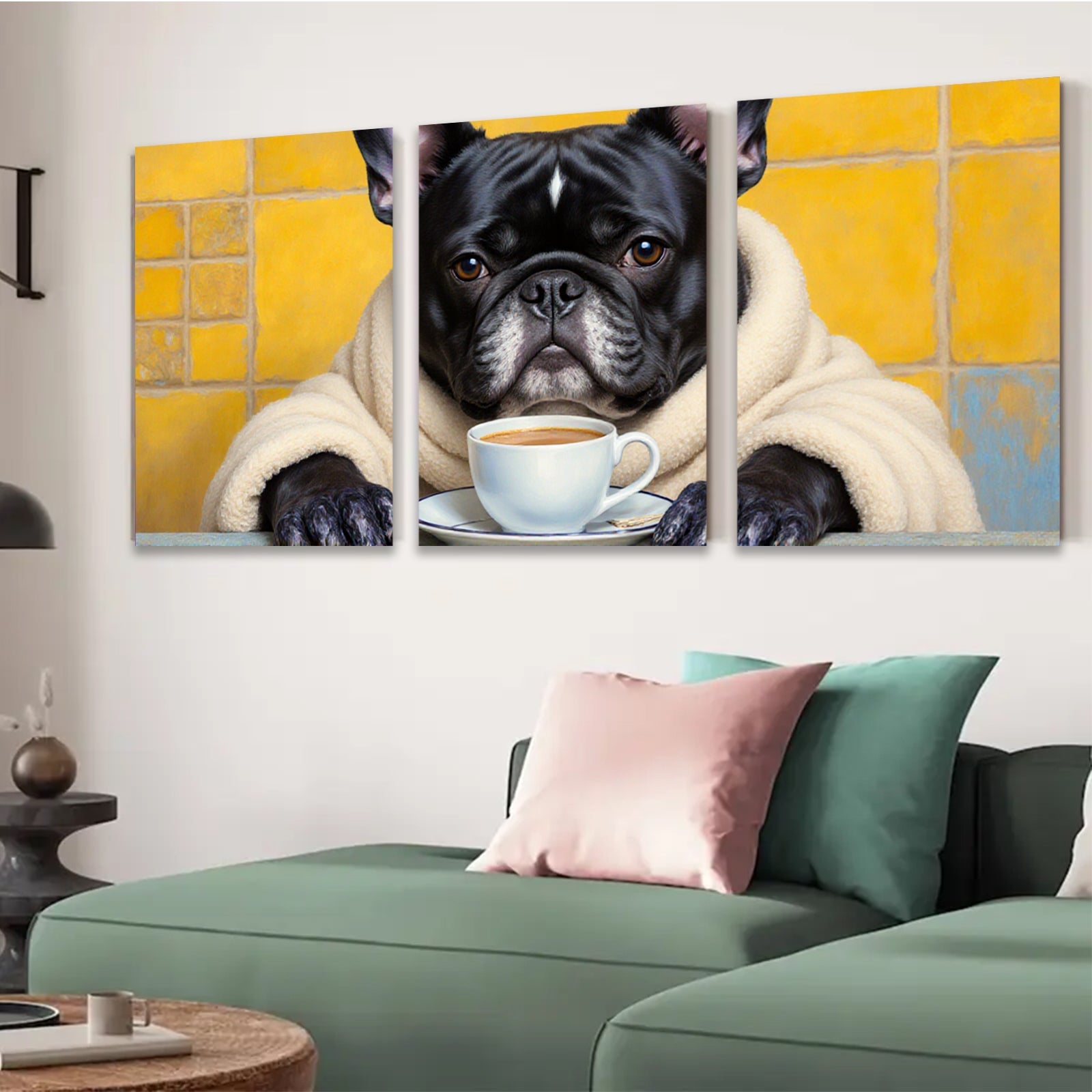 2D flat 1pc Cozy pup enjoys morning coffee farmhouse wall art living room bedroom decor gallery wrapped canvas prints modern minimalist aesthetic