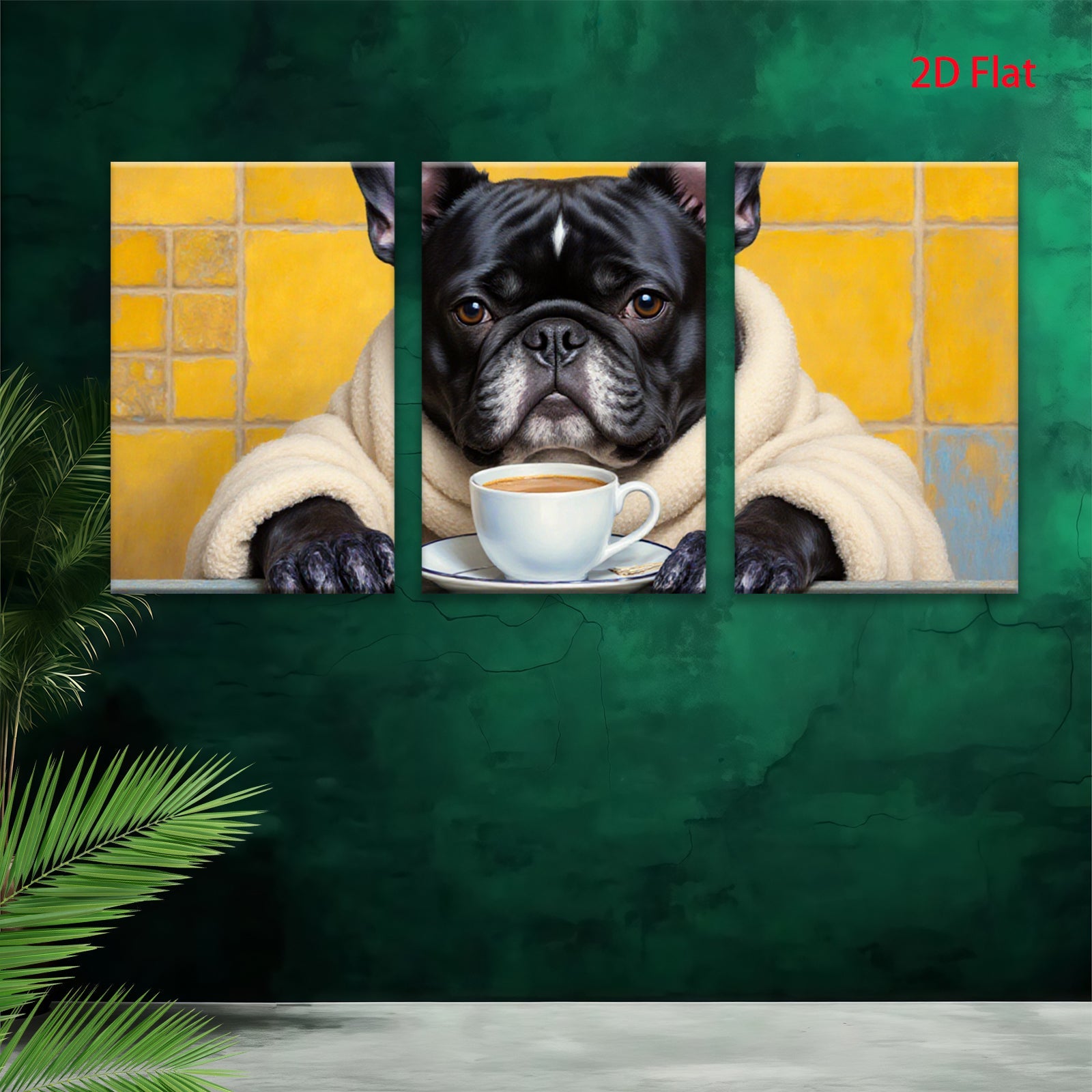 2D flat 1pc Cozy pup enjoys morning coffee farmhouse wall art living room bedroom decor gallery wrapped canvas prints modern minimalist aesthetic