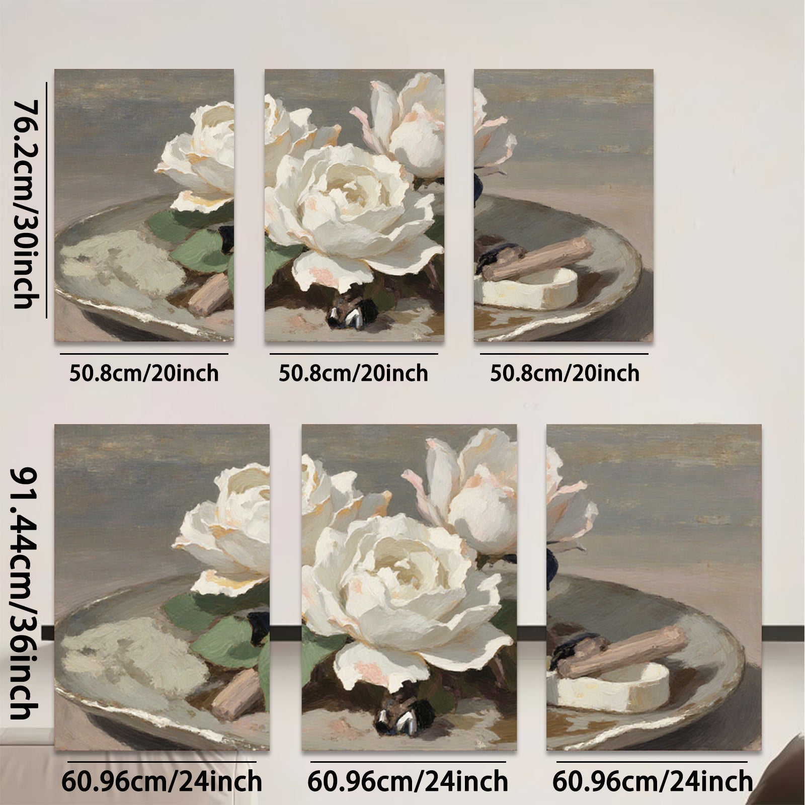 2D flat 1pc Creamy White Roses Still Life Painting Floral Wall Art Decor for Living Room Bedroom Gallery Wrapped Canvas Prints Modern Farmhouse Style