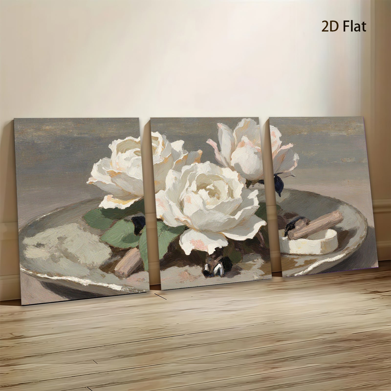 2D flat 1pc Creamy White Roses Still Life Painting Floral Wall Art Decor for Living Room Bedroom Gallery Wrapped Canvas Prints Modern Farmhouse Style