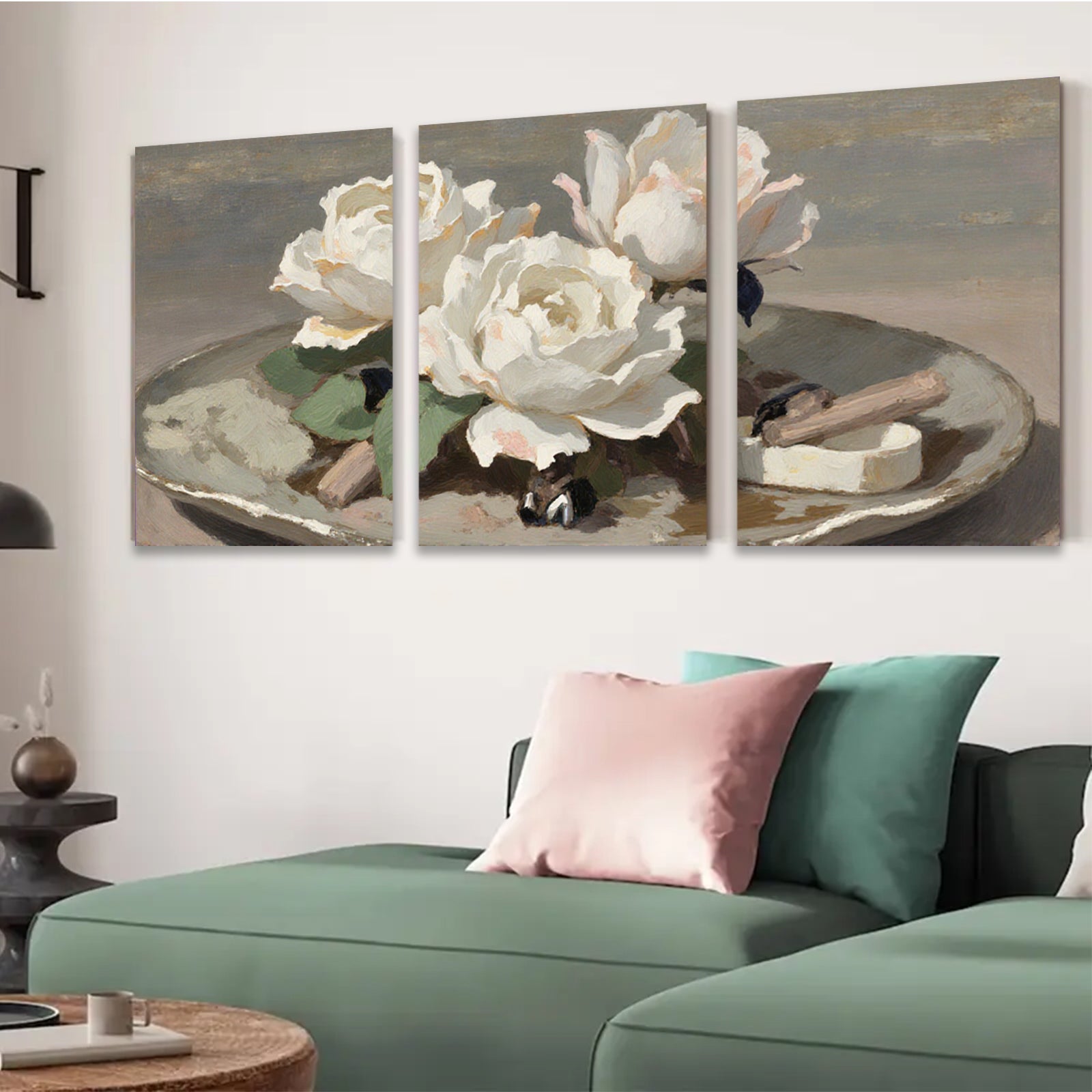 2D flat 1pc Creamy White Roses Still Life Painting Floral Wall Art Decor for Living Room Bedroom Gallery Wrapped Canvas Prints Modern Farmhouse Style