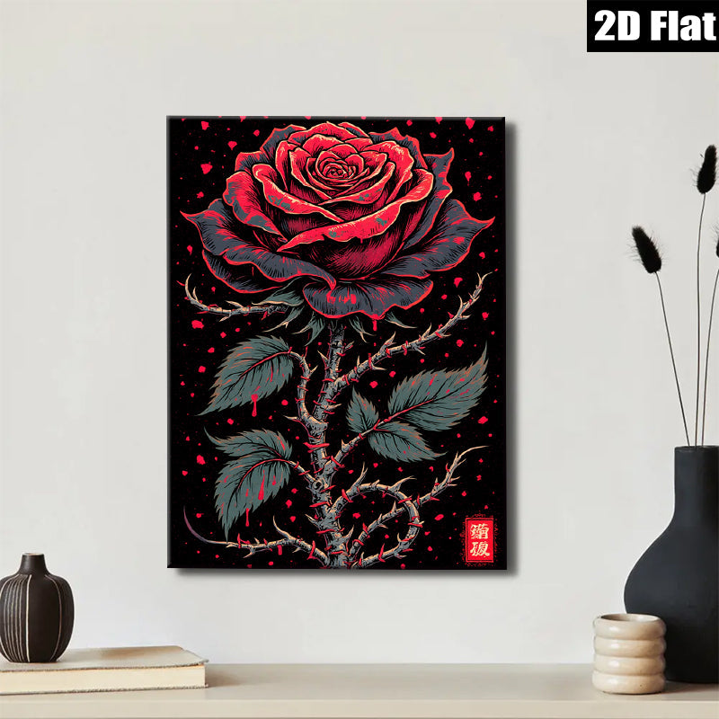 2D flat 1pc Crimson Bloom Gothic Rose Wall Art Canvas Print for Living Room Bedroom Decor Gallery Wrapped Modern Farmhouse Style Rustic Chic Home Decorations