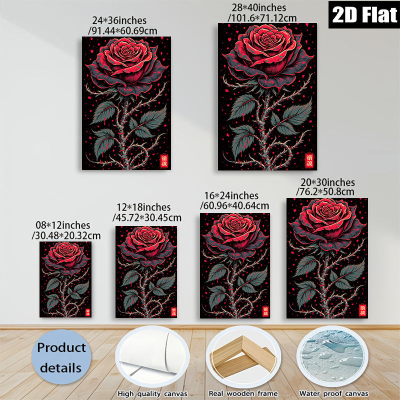 2D flat 1pc Crimson Bloom Gothic Rose Wall Art Canvas Print for Living Room Bedroom Decor Gallery Wrapped Modern Farmhouse Style Rustic Chic Home Decorations
