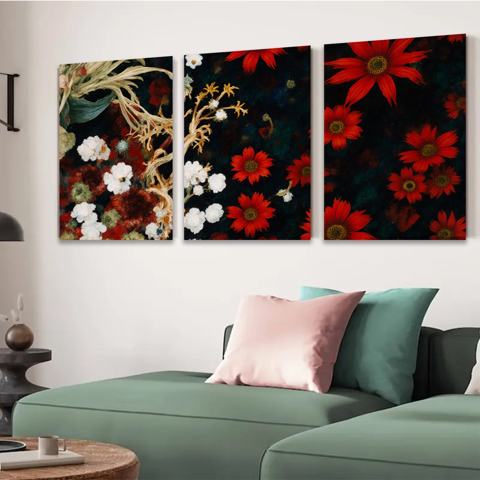 2D flat 1pc Crimson Dahlias Wildflower Botanical Wall Art for Living Room Bedroom Home Decor Gallery Wrapped Canvas Prints Modern Farmhouse Style