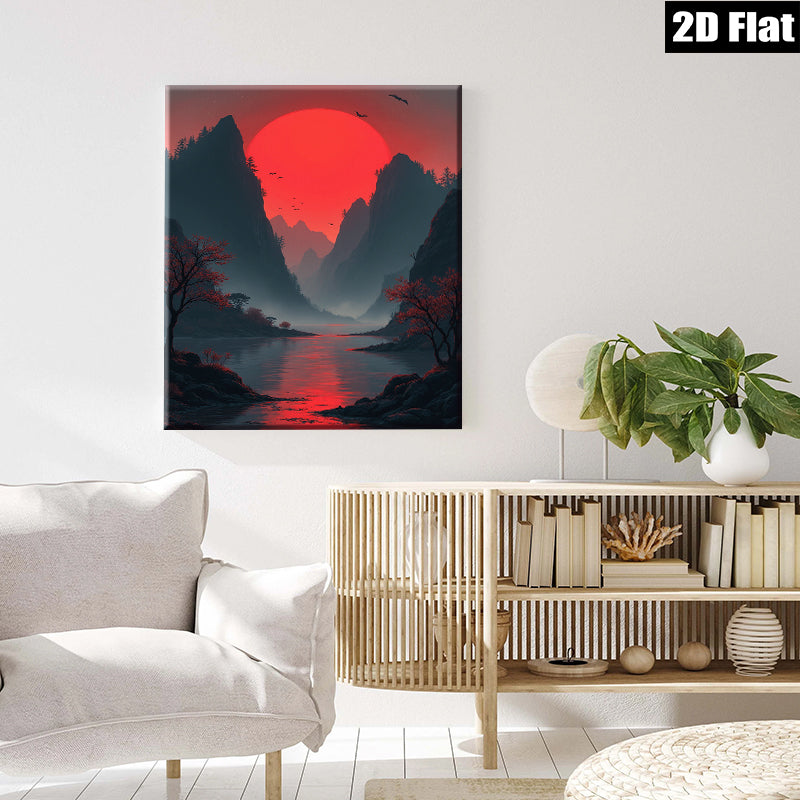 2D flat 1pc Crimson River Valley Landscape Wall Art Decor for Living Room Bedroom Modern Farmhouse Rustic Home Office Gallery Wrapped Canvas Prints