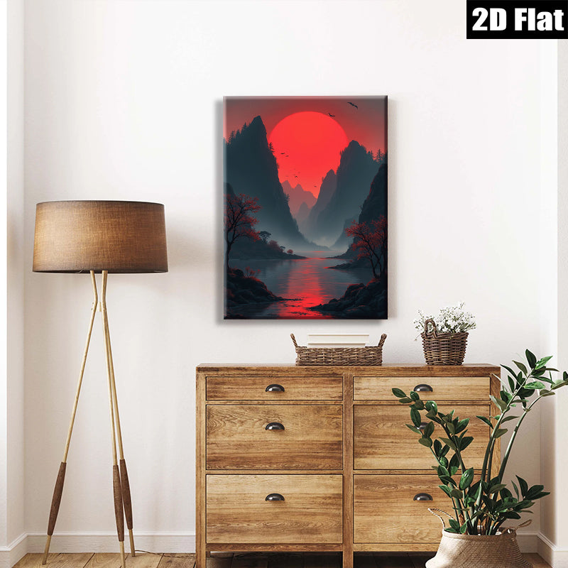 2D flat 1pc Crimson River Valley Landscape Wall Art Decor for Living Room Bedroom Modern Farmhouse Rustic Home Office Gallery Wrapped Canvas Prints