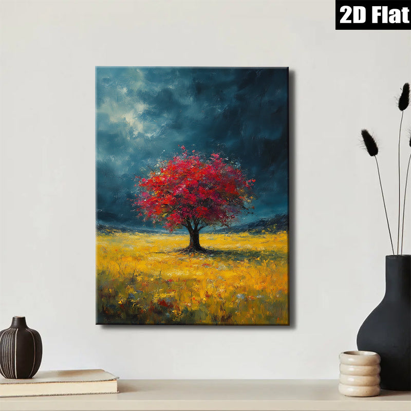2D flat 1pc Crimson Tree Golden Field Wall Art Landscape Painting Living Room Bedroom Home Decor Farmhouse Style Canvas Prints Wrapped Ready to Hang Modern Art