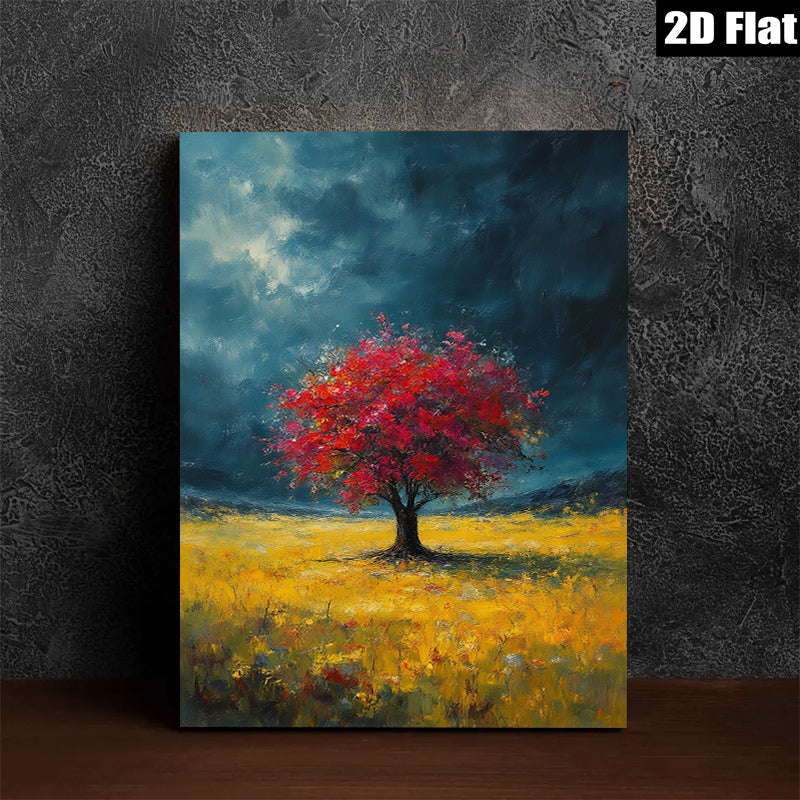 2D flat 1pc Crimson Tree Golden Field Wall Art Landscape Painting Living Room Bedroom Home Decor Farmhouse Style Canvas Prints Wrapped Ready to Hang Modern Art