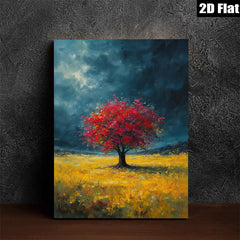 2D flat 1pc Crimson Tree Golden Field Wall Art Landscape Painting Living Room Bedroom Home Decor Farmhouse Style Canvas Prints Wrapped Ready to Hang Modern Art