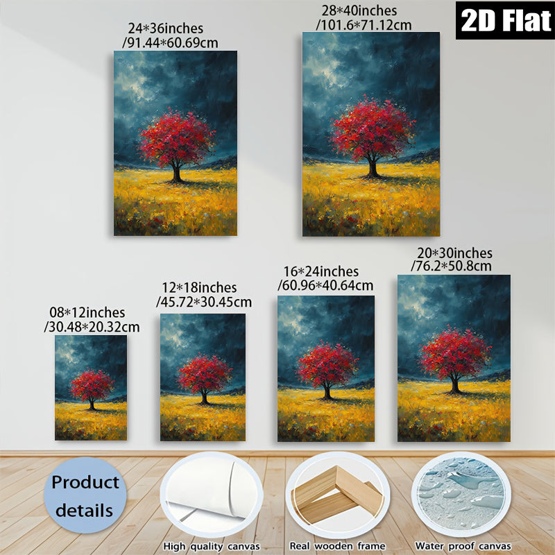 2D flat 1pc Crimson Tree Golden Field Wall Art Landscape Painting Living Room Bedroom Home Decor Farmhouse Style Canvas Prints Wrapped Ready to Hang Modern Art