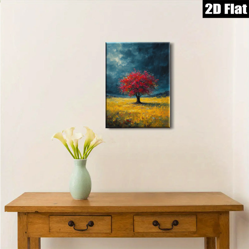 2D flat 1pc Crimson Tree Golden Field Wall Art Landscape Painting Living Room Bedroom Home Decor Farmhouse Style Canvas Prints Wrapped Ready to Hang Modern Art