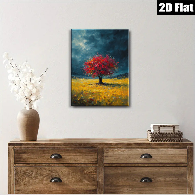 2D flat 1pc Crimson Tree Golden Field Wall Art Landscape Painting Living Room Bedroom Home Decor Farmhouse Style Canvas Prints Wrapped Ready to Hang Modern Art