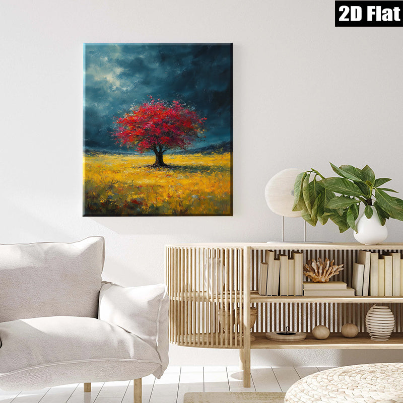 2D flat 1pc Crimson Tree Golden Field Wall Art Landscape Painting Living Room Bedroom Home Decor Farmhouse Style Canvas Prints Wrapped Ready to Hang Modern Art