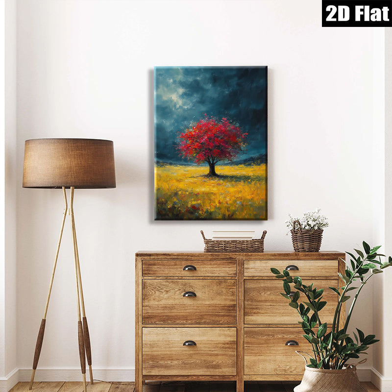 2D flat 1pc Crimson Tree Golden Field Wall Art Landscape Painting Living Room Bedroom Home Decor Farmhouse Style Canvas Prints Wrapped Ready to Hang Modern Art