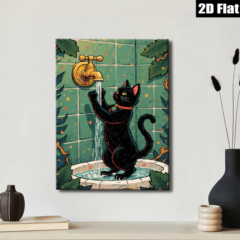 2D flat 1pc Curious Black Cat Drinks From Bathroom Faucet Farmhouse Wall Art Living Room Decor Bedroom Prints Modern Canvas Artwork Cozy Aesthetic Gallery Wrapped
