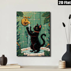 2D flat 1pc Curious Black Cat Drinks From Bathroom Faucet Farmhouse Wall Art Living Room Decor Bedroom Prints Modern Canvas Artwork Cozy Aesthetic Gallery Wrapped