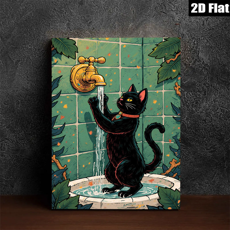 2D flat 1pc Curious Black Cat Drinks From Bathroom Faucet Farmhouse Wall Art Living Room Decor Bedroom Prints Modern Canvas Artwork Cozy Aesthetic Gallery Wrapped