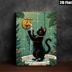 2D flat 1pc Curious Black Cat Drinks From Bathroom Faucet Farmhouse Wall Art Living Room Decor Bedroom Prints Modern Canvas Artwork Cozy Aesthetic Gallery Wrapped
